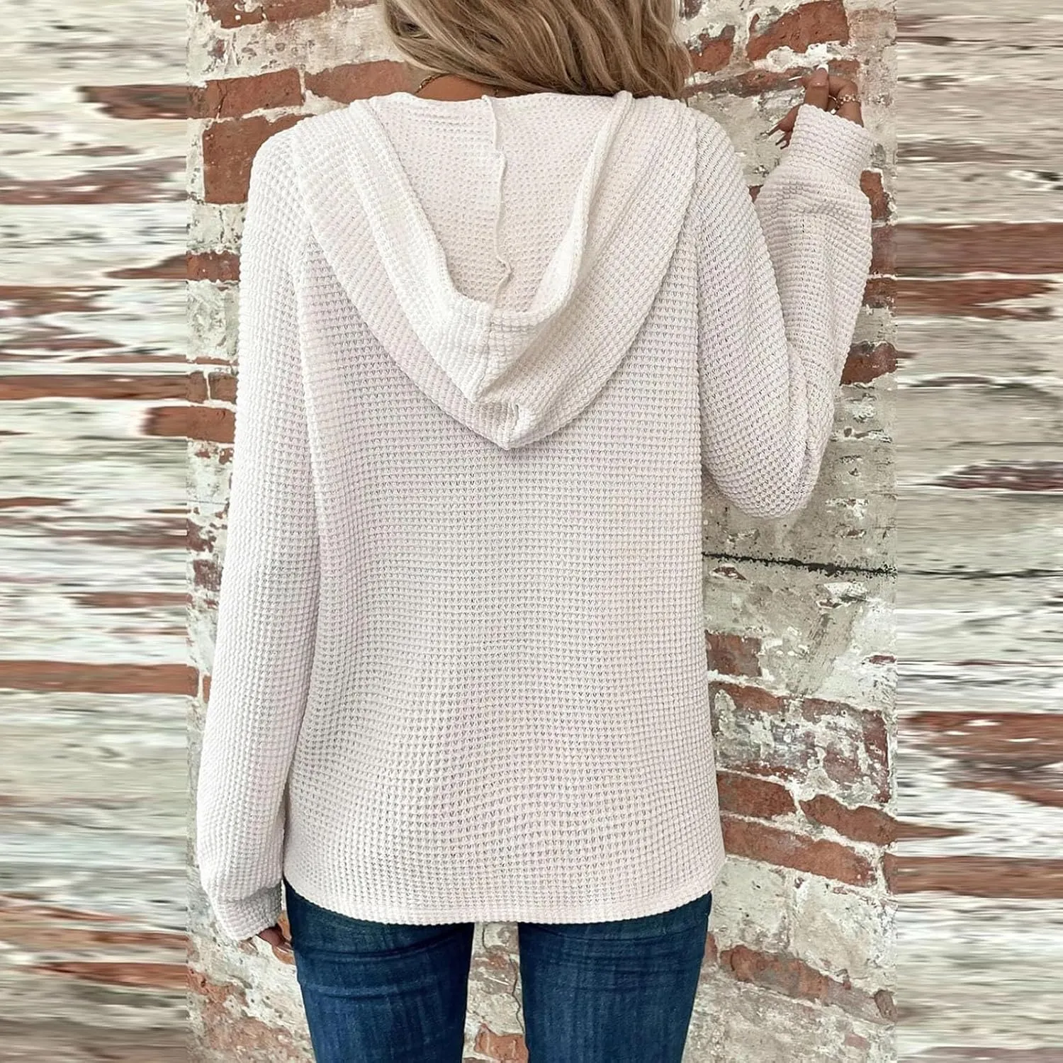 Hoodies for Women Waffle Knit Drawstring Button V Neck Hooded Oversized Sweatshirt Casual Comfy Pullover Sweater