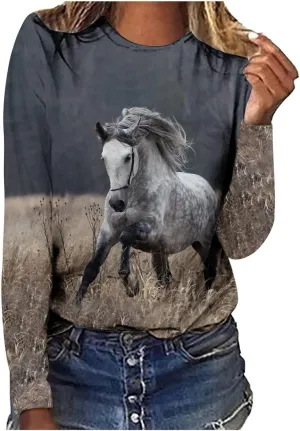 Horses T Shirt Women Funny Graphic Tees Long Sleeve Crew Neck Shirts Casual Loose Fit Blouses Horse Lover T-Shirt Gift