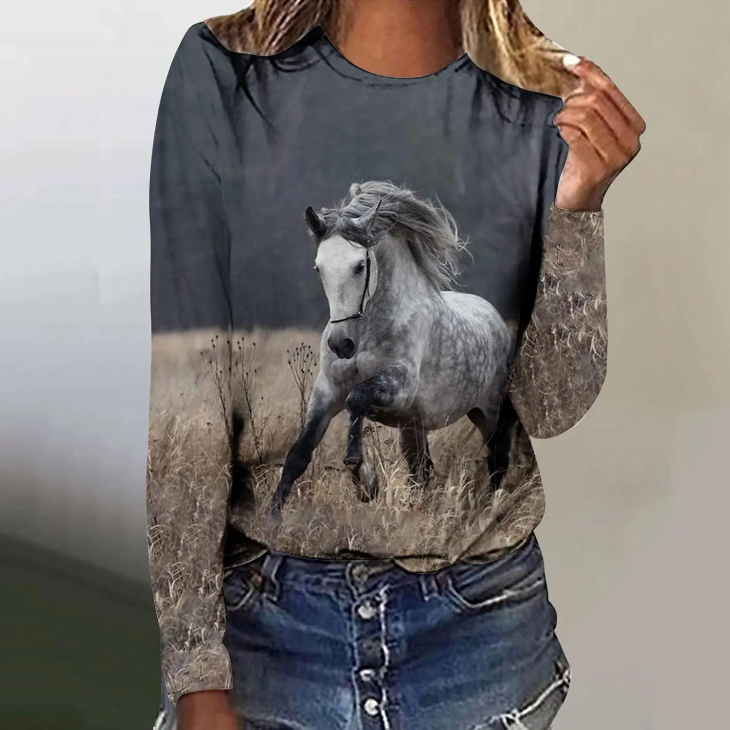 Horses T Shirt Women Funny Graphic Tees Long Sleeve Crew Neck Shirts Casual Loose Fit Blouses Horse Lover T-Shirt Gift
