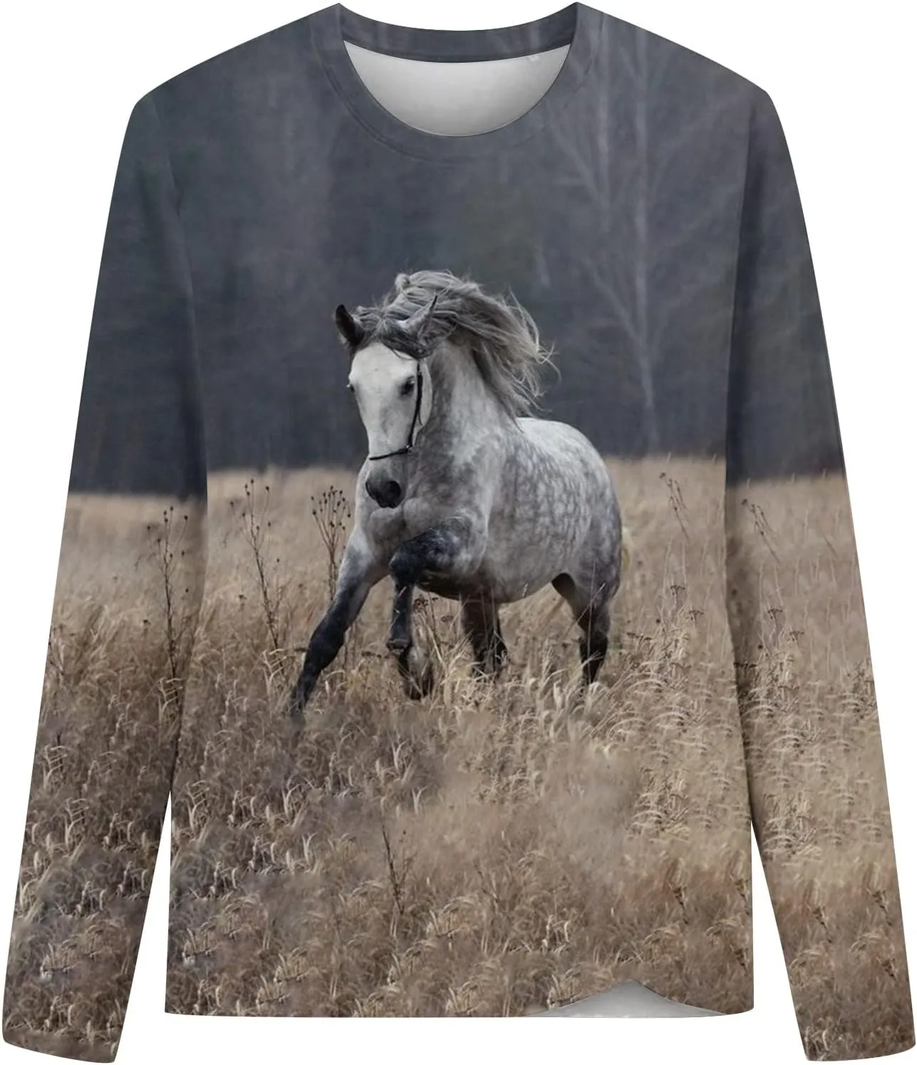 Horses T Shirt Women Funny Graphic Tees Long Sleeve Crew Neck Shirts Casual Loose Fit Blouses Horse Lover T-Shirt Gift