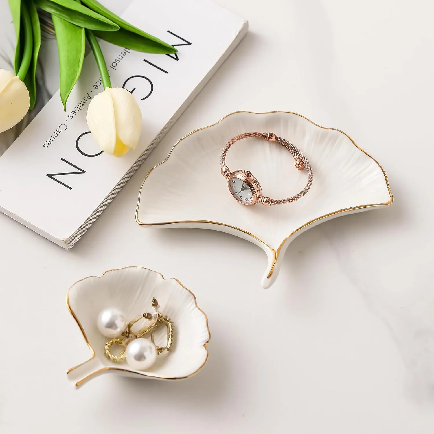 Jewelry Dish Tray Set of 2 Different Capacity Leaf Shape Ring Holder Dish Ceramic Trinket Tray for Mom Friend Sister with Beautiful Package and Perfect for Wome Festival GiftsWhite