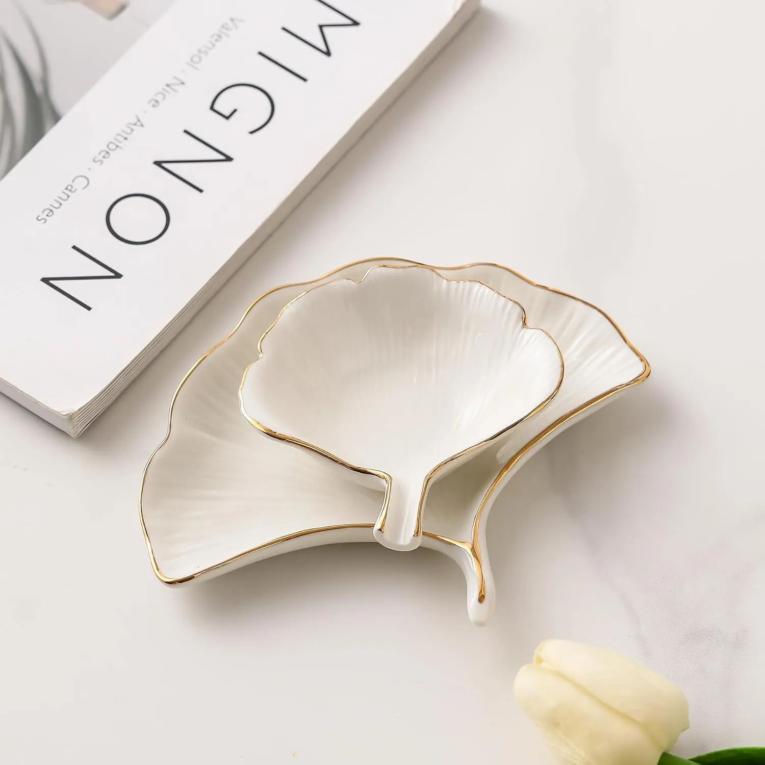 Jewelry Dish Tray Set of 2 Different Capacity Leaf Shape Ring Holder Dish Ceramic Trinket Tray for Mom Friend Sister with Beautiful Package and Perfect for Wome Festival GiftsWhite