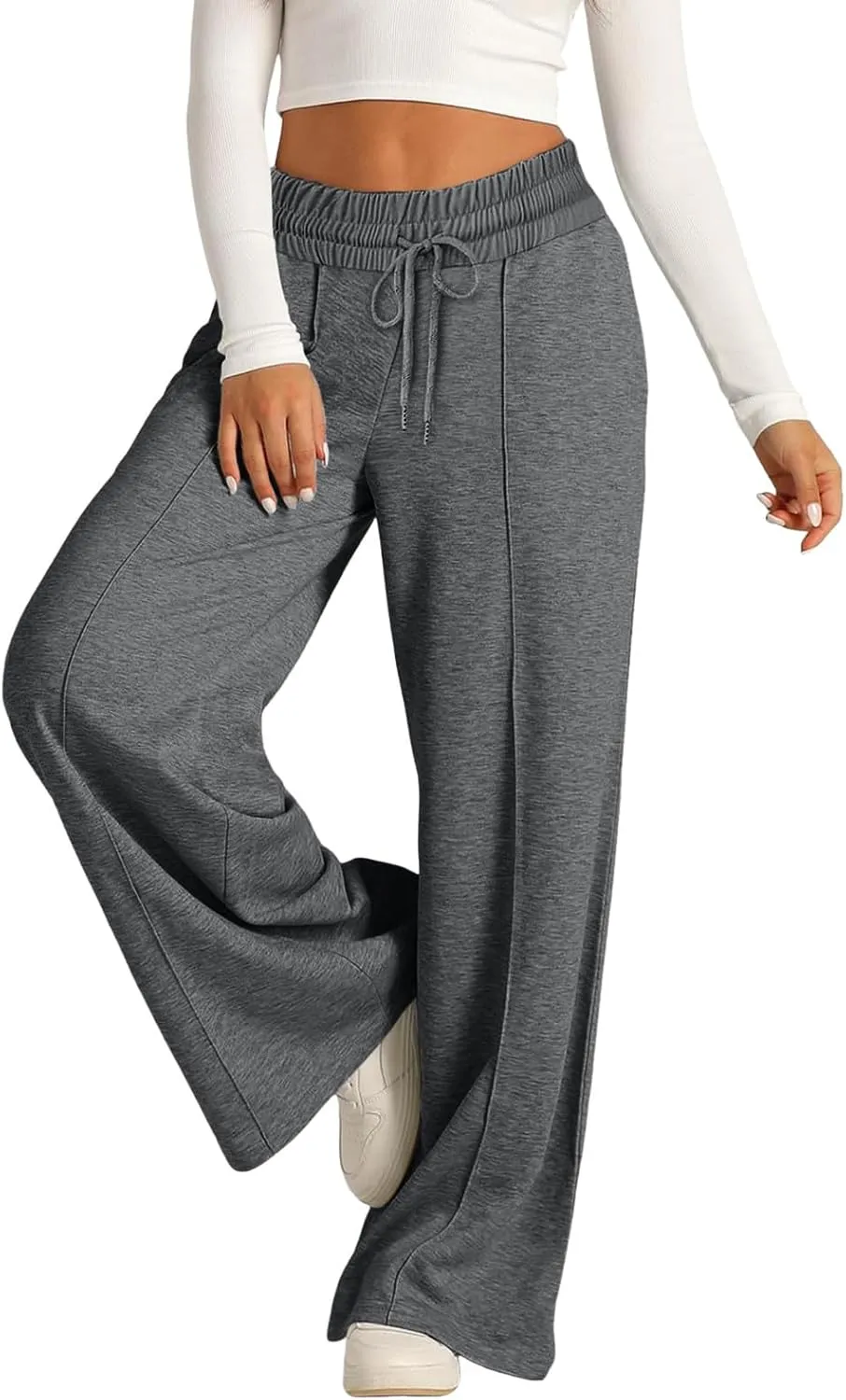 JiXiang Spring Pants for Women 2025 Casual Sweatpants Women Baggy Wide Leg Drawstring Straight Leg High Waist Joggers Trouser