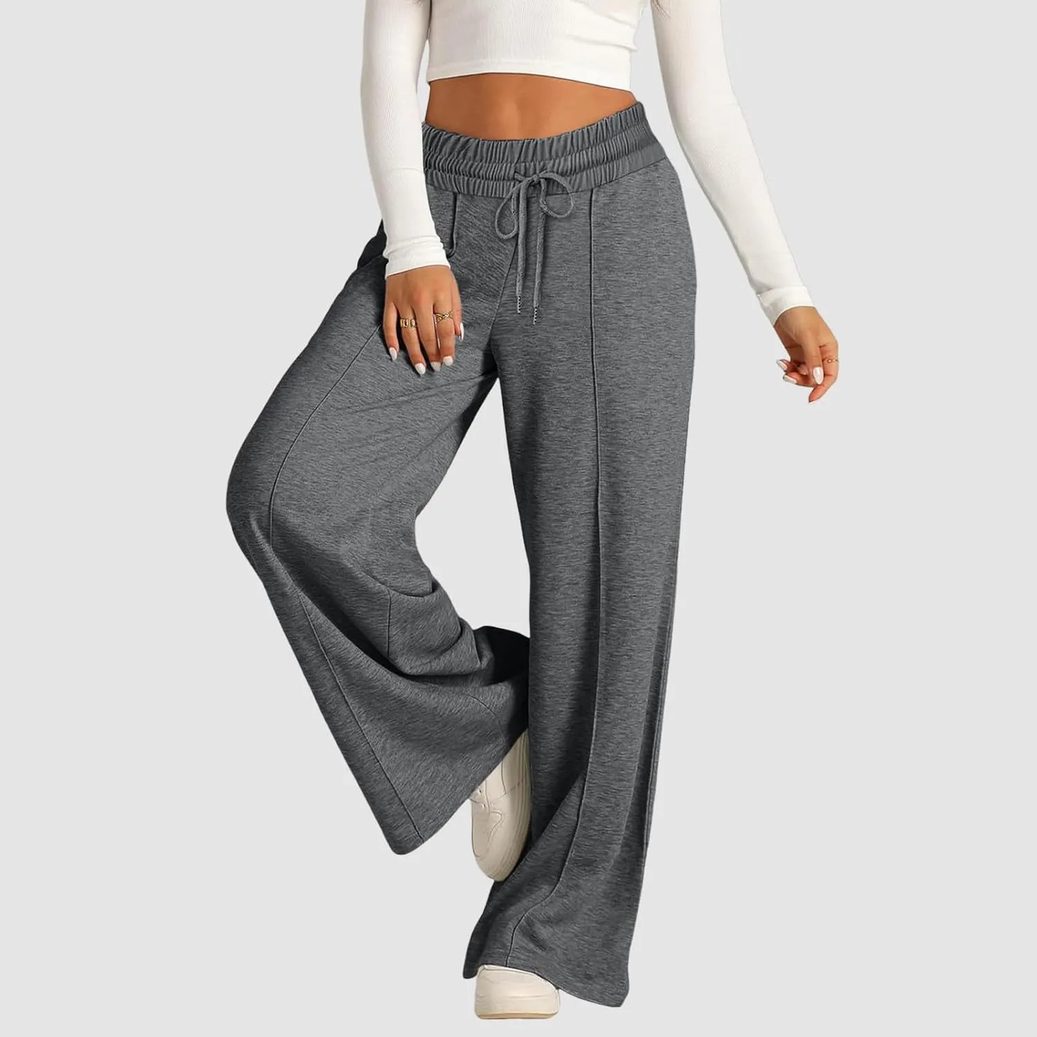 JiXiang Spring Pants for Women 2025 Casual Sweatpants Women Baggy Wide Leg Drawstring Straight Leg High Waist Joggers Trouser