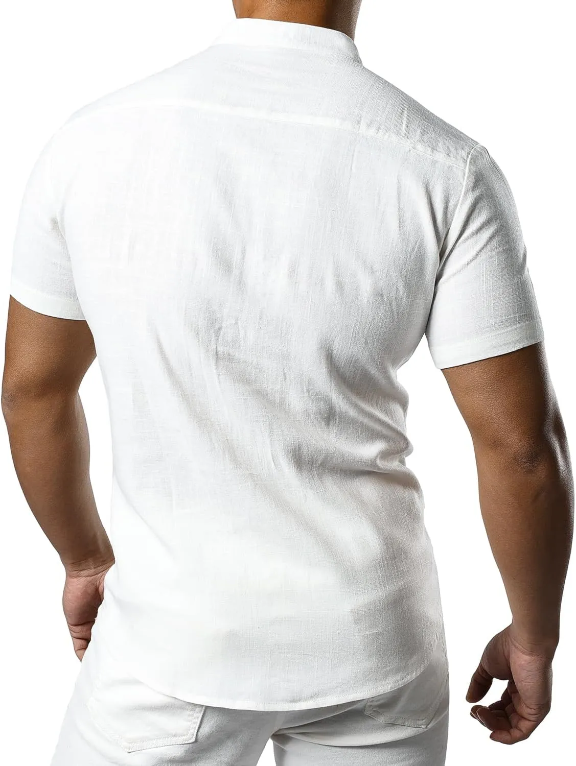 JOGAL Men's Linen Henley Shirt Banded Collar Short Sleeve Botton Down Shirts Summer Beach Shirts