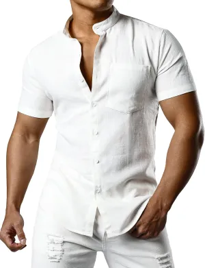 JOGAL Men's Linen Henley Shirt Banded Collar Short Sleeve Botton Down Shirts Summer Beach Shirts