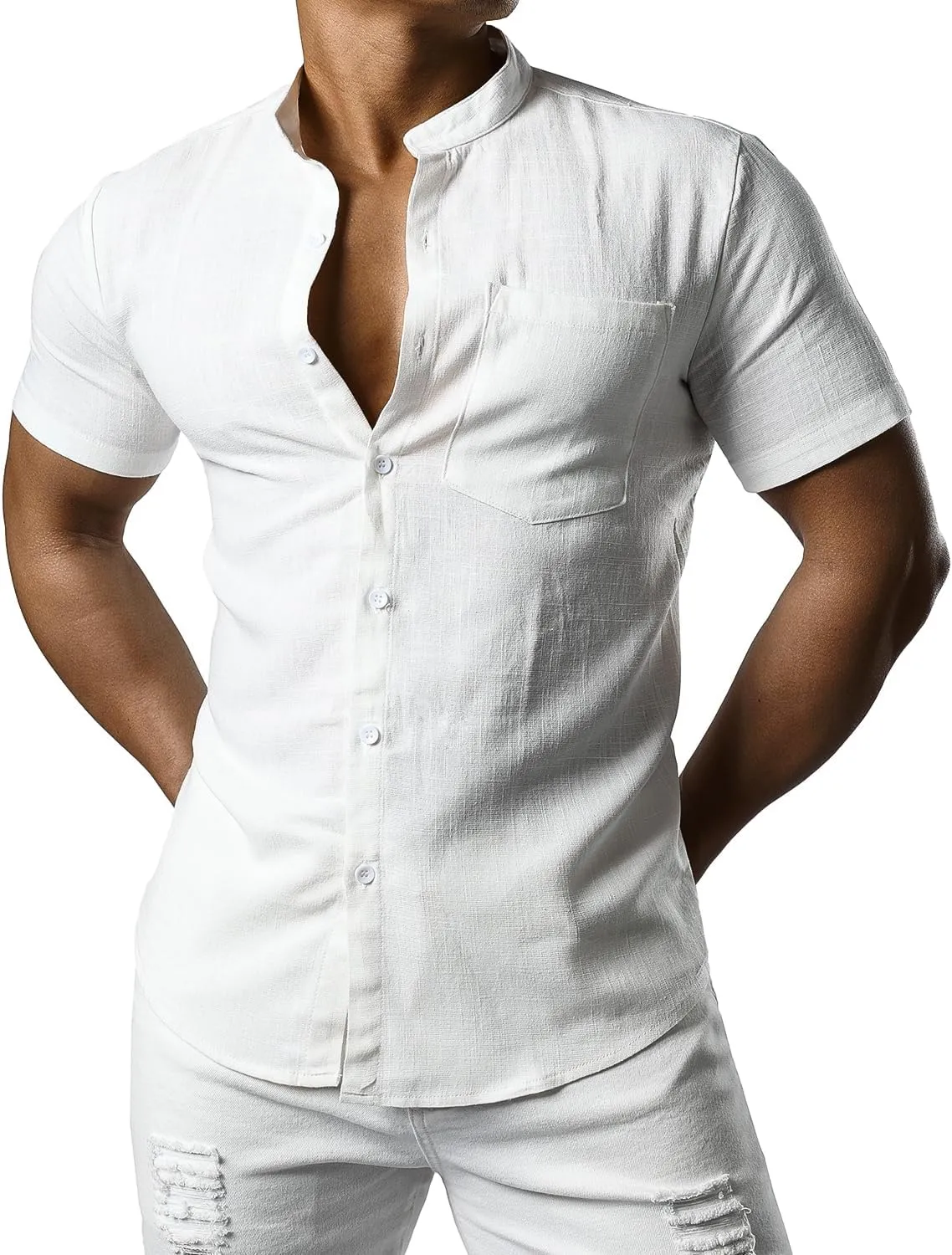 JOGAL Men's Linen Henley Shirt Banded Collar Short Sleeve Botton Down Shirts Summer Beach Shirts