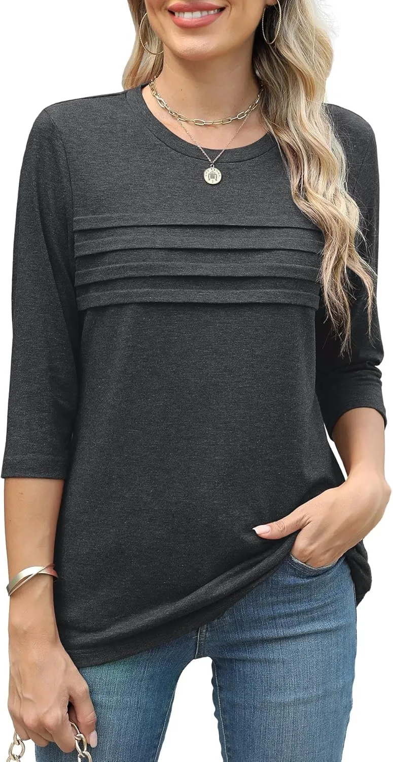 JomeDesign 3/4 Length Sleeve Womens Tops Round Neck Casual Tunic Tops Pleated Shirts Dressy