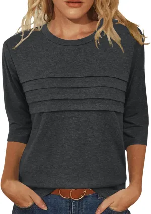 JomeDesign 3/4 Length Sleeve Womens Tops Round Neck Casual Tunic Tops Pleated Shirts Dressy