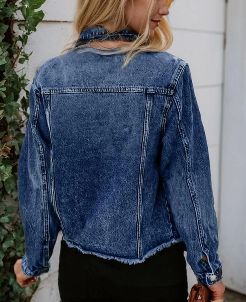 Kedera Womens Denim Jacket Distressed Frayed Ripped Jean Jacket Casual Button Down Light Jackets with Pockets