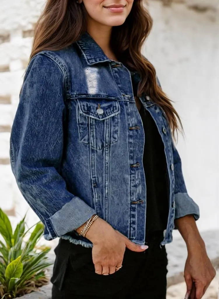 Kedera Womens Denim Jacket Distressed Frayed Ripped Jean Jacket Casual Button Down Light Jackets with Pockets