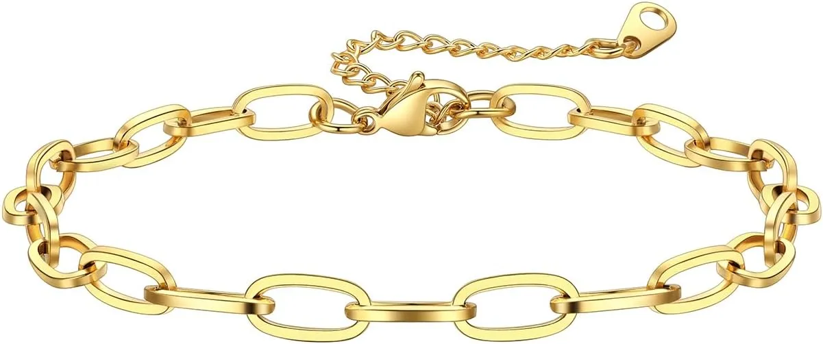 KeyStyle Paperclip Ankle Bracelets for Women, 14k Gold Plated Anklets Sets Stainless Steel Paper Clip Chain Layered Anklet Pack Summer Jewelry(2PCS, 3PCS)