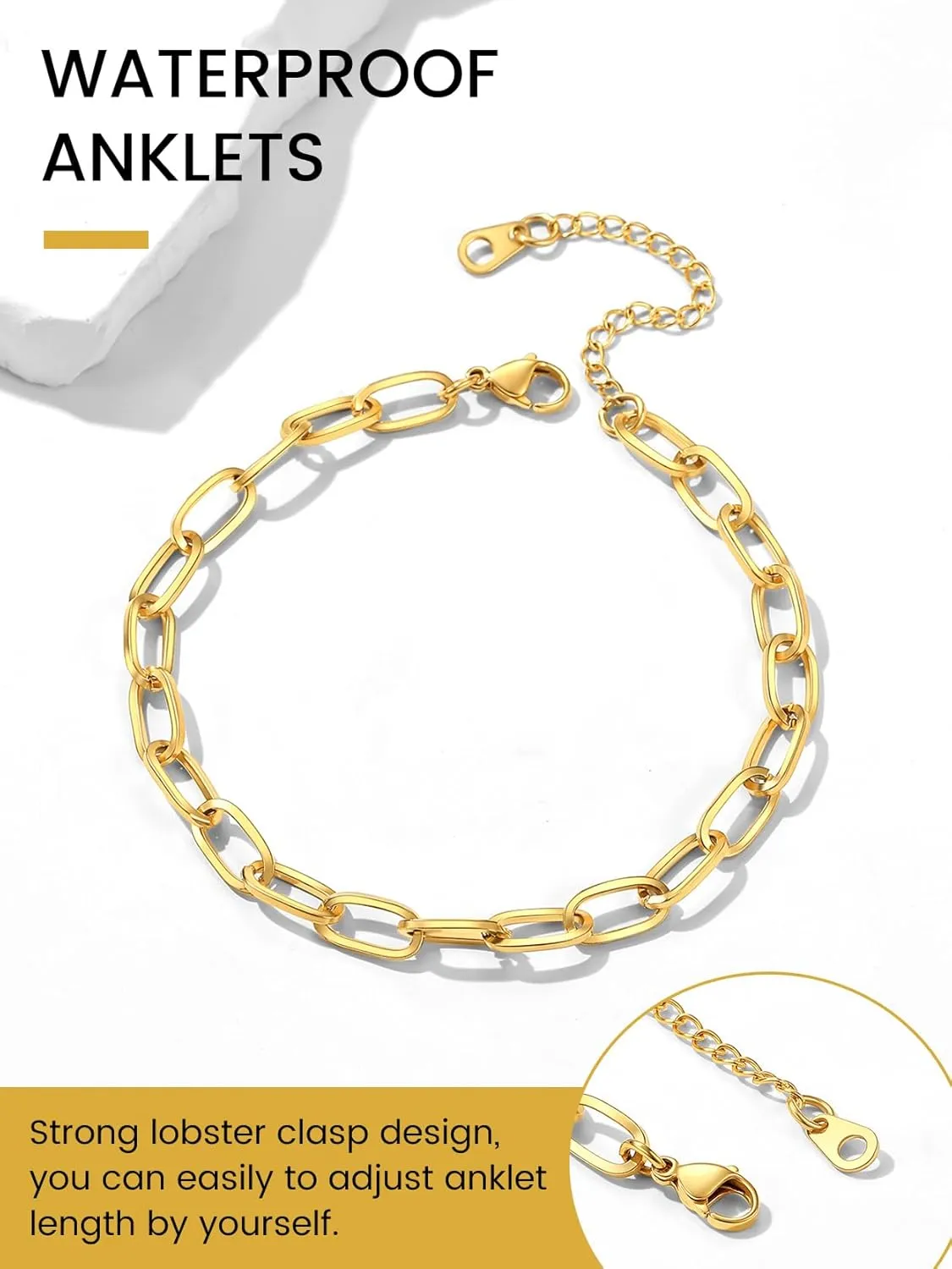 KeyStyle Paperclip Ankle Bracelets for Women, 14k Gold Plated Anklets Sets Stainless Steel Paper Clip Chain Layered Anklet Pack Summer Jewelry(2PCS, 3PCS)
