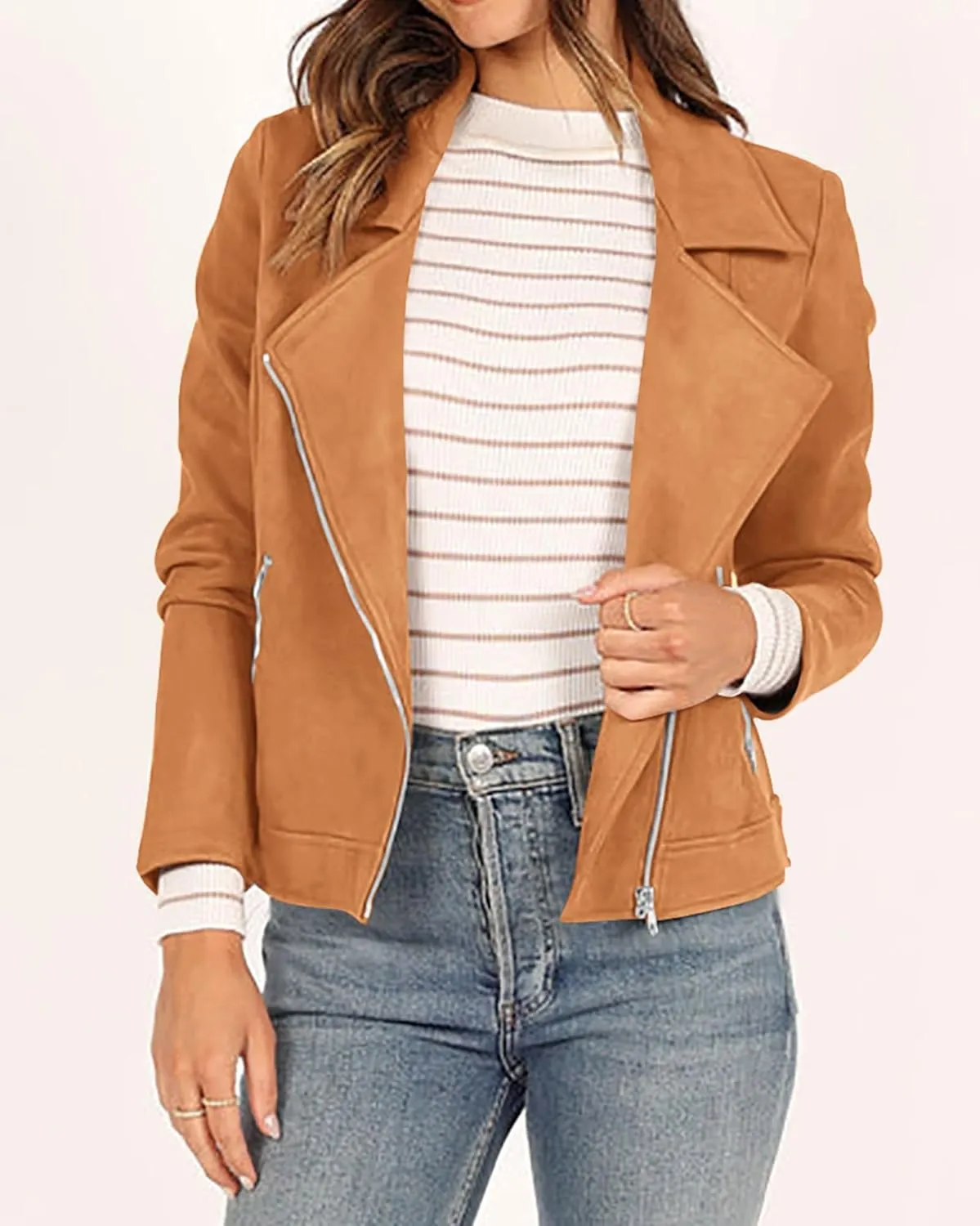 KIRUNDO Womens Faux Suede Jacket 2024 Fall Winter Clothes Casual Zipper Cropped Coat Bomber Biker Moto Jackets Outwear