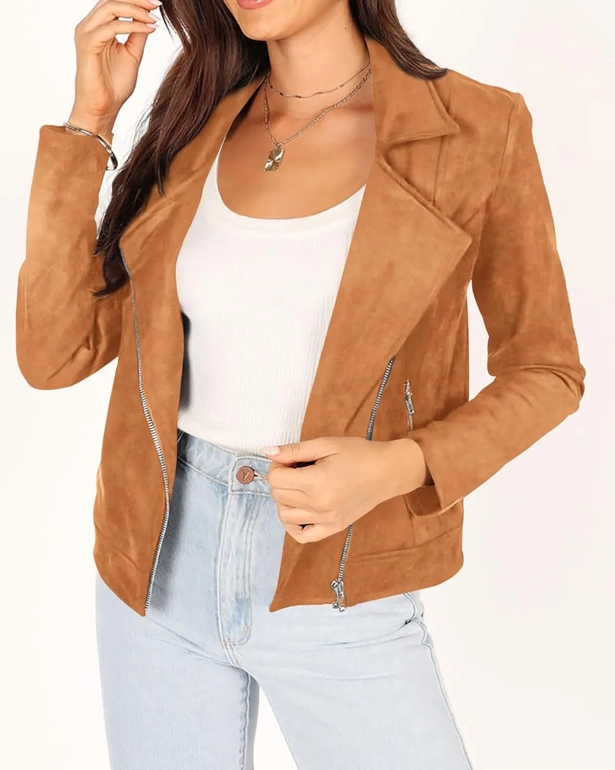 KIRUNDO Womens Faux Suede Jacket 2024 Fall Winter Clothes Casual Zipper Cropped Coat Bomber Biker Moto Jackets Outwear