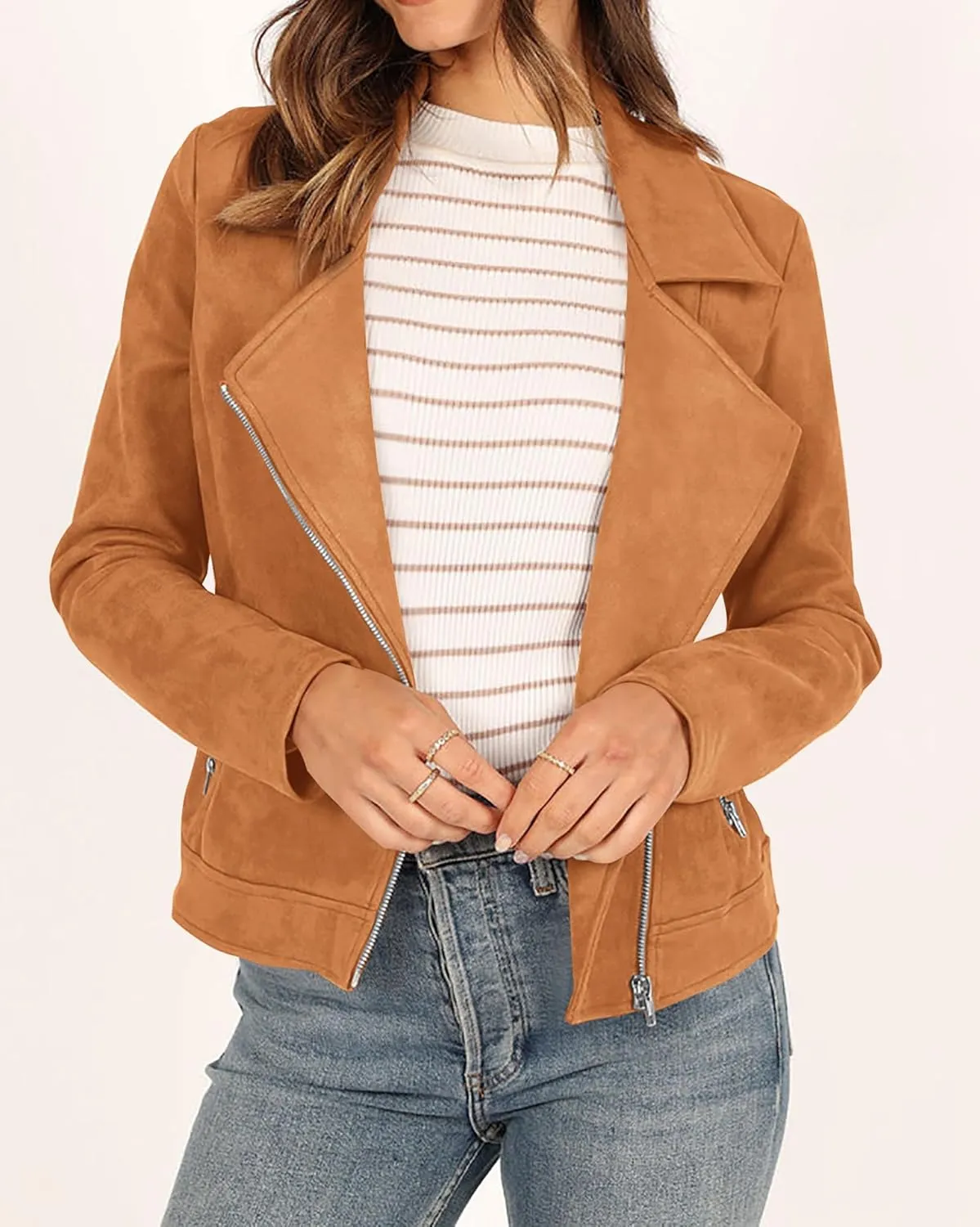 KIRUNDO Womens Faux Suede Jacket 2024 Fall Winter Clothes Casual Zipper Cropped Coat Bomber Biker Moto Jackets Outwear
