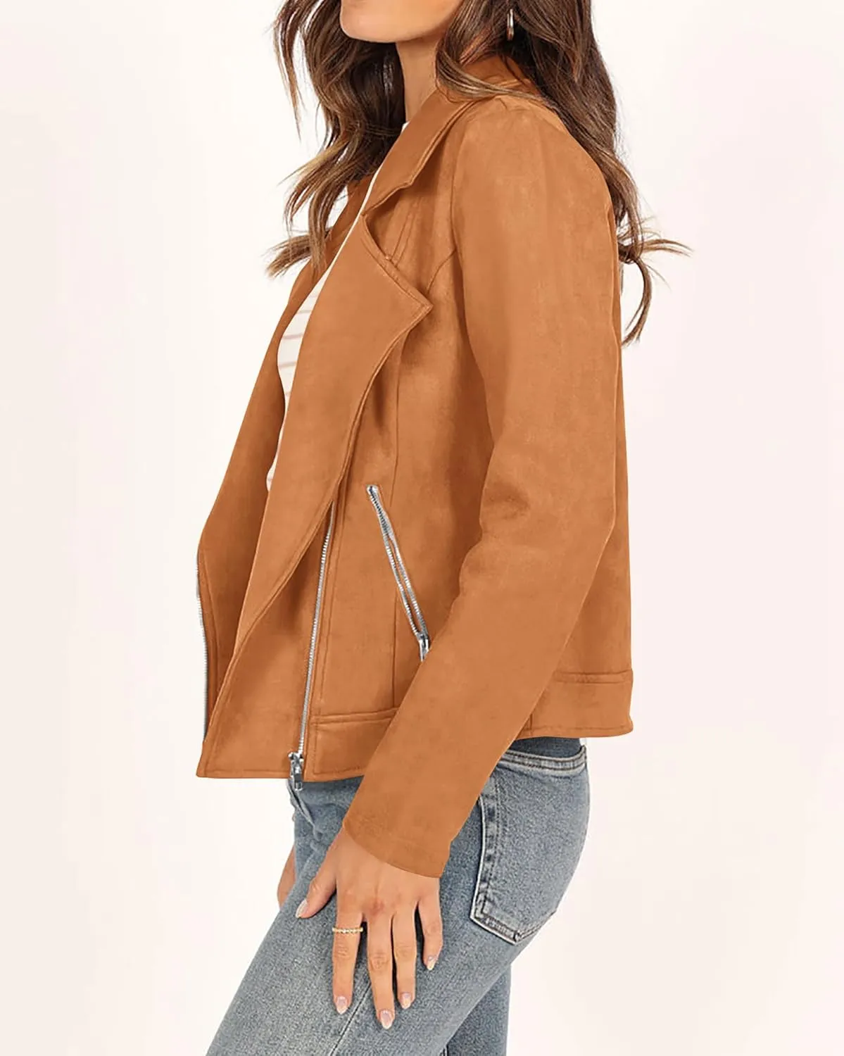 KIRUNDO Womens Faux Suede Jacket 2024 Fall Winter Clothes Casual Zipper Cropped Coat Bomber Biker Moto Jackets Outwear