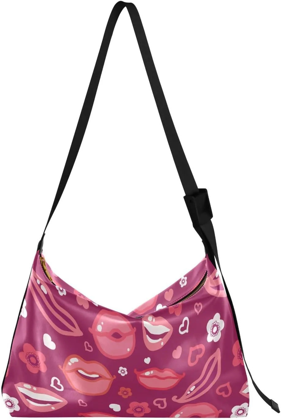 Kiss Lips Flower Hobo Crossbody Bags for Women Leather Large Shoulder Bag Cross Body Pink Sweet Heart Trendy Womens Tote Bags Handbag for Travel Shopping
