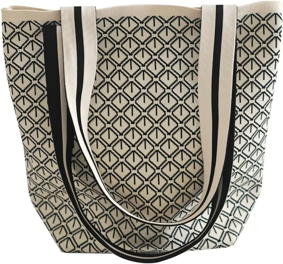 Knit Tote Bag for Women Fashion Striped Crochet Hobo Bags Bucket Purse Slouchy Shoulder Bag Top Handle Handbag