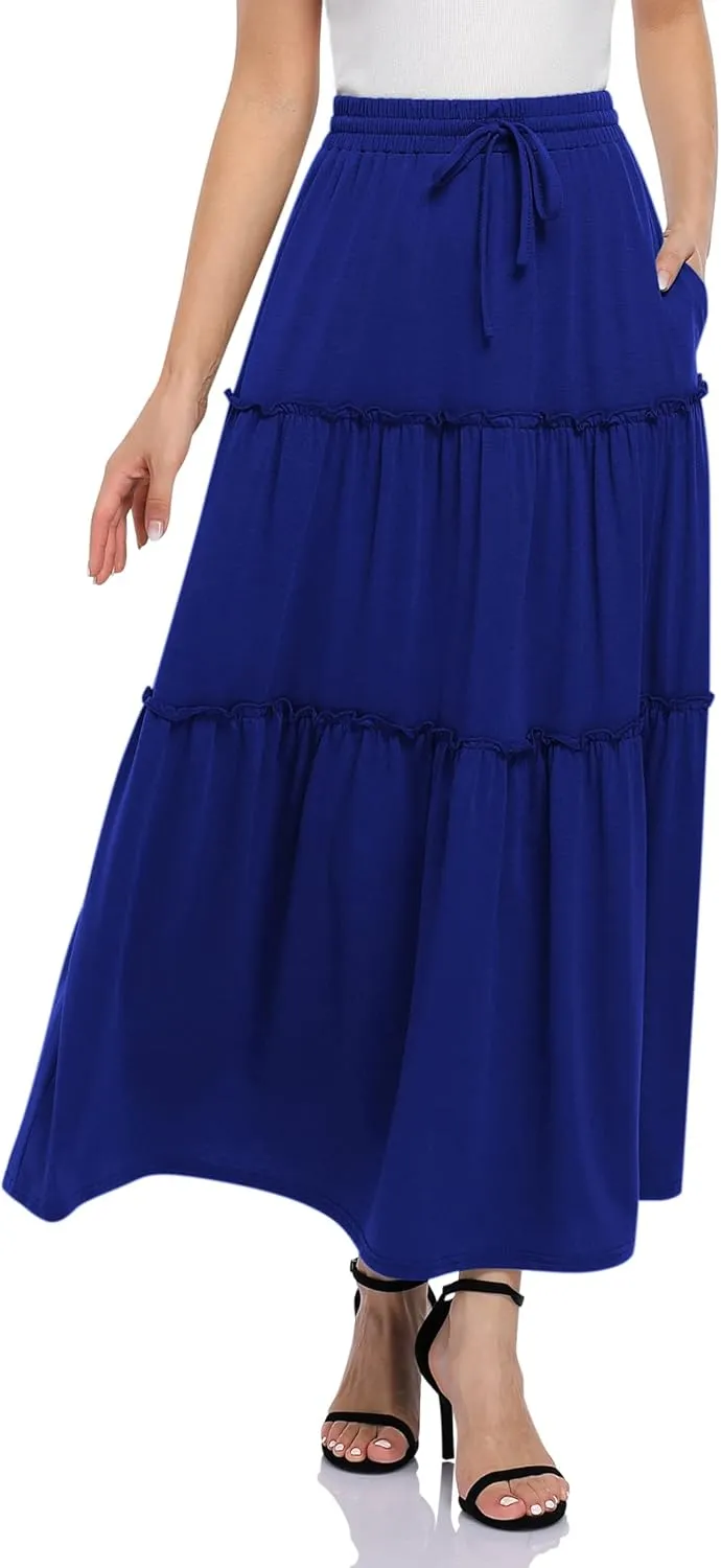 KOJOOIN Womens High Waisted Long Skirts A Line Boho Ruffle Flowy Tiered Pleated Maxi Skirt with Pockets