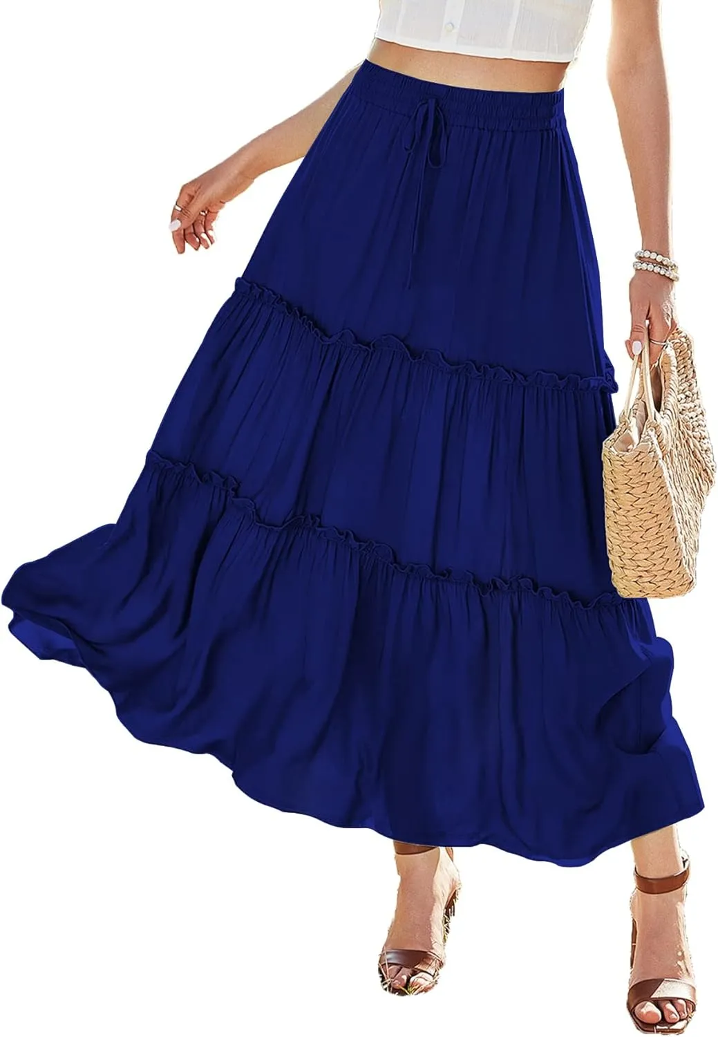 KOJOOIN Womens High Waisted Long Skirts A Line Boho Ruffle Flowy Tiered Pleated Maxi Skirt with Pockets