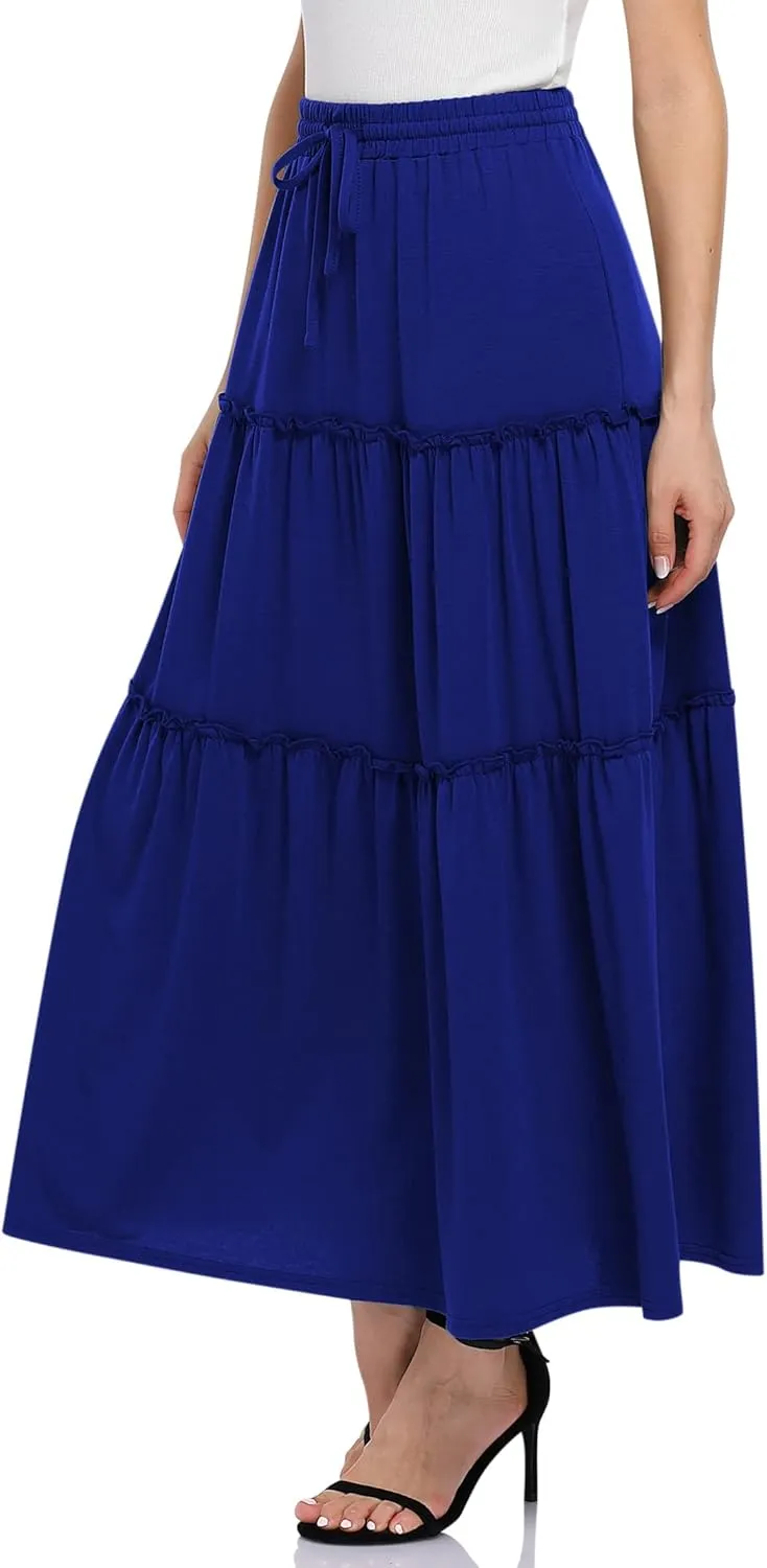 KOJOOIN Womens High Waisted Long Skirts A Line Boho Ruffle Flowy Tiered Pleated Maxi Skirt with Pockets