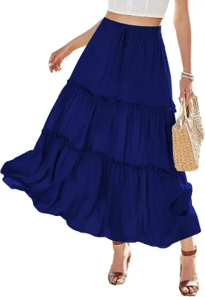 KOJOOIN Womens High Waisted Long Skirts A Line Boho Ruffle Flowy Tiered Pleated Maxi Skirt with Pockets