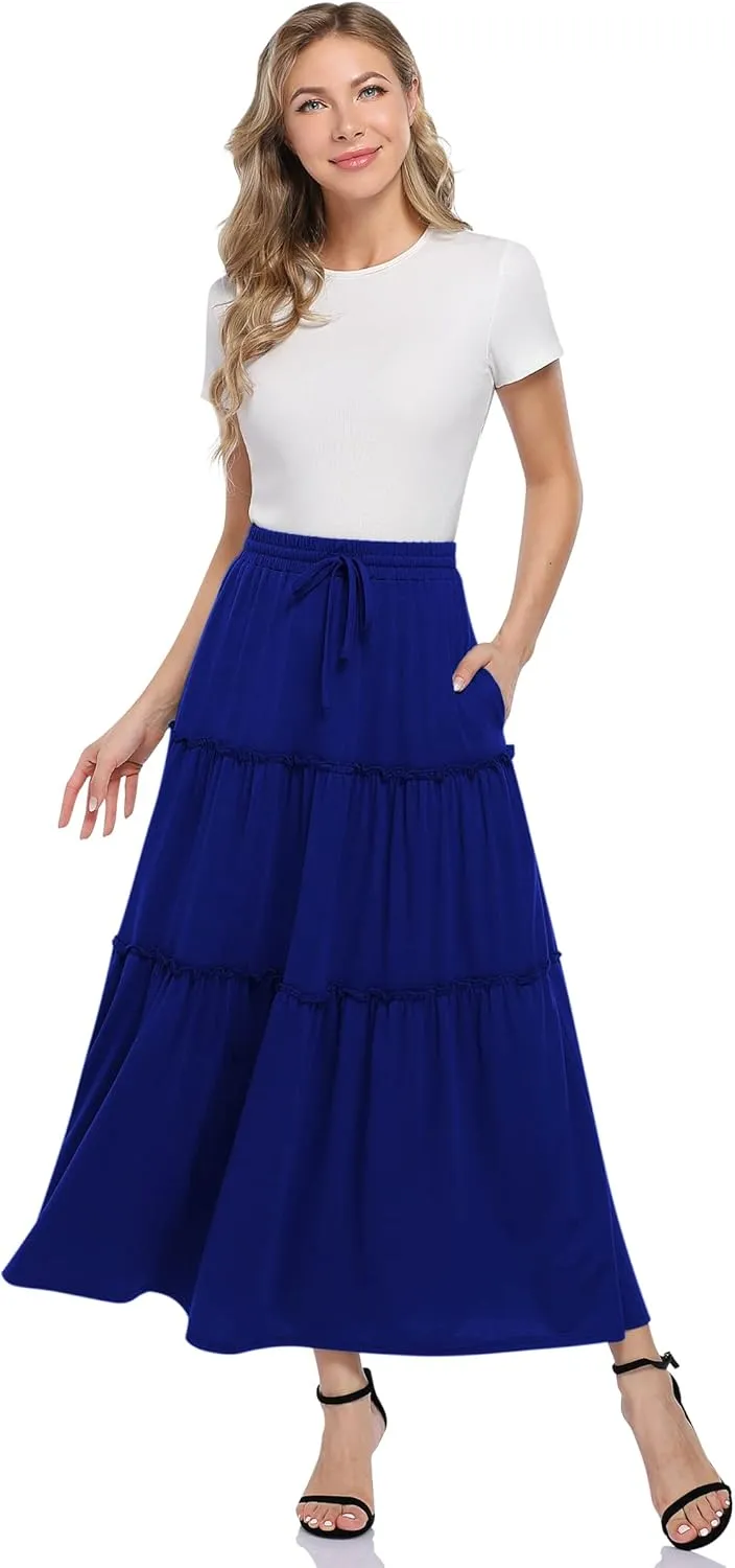 KOJOOIN Womens High Waisted Long Skirts A Line Boho Ruffle Flowy Tiered Pleated Maxi Skirt with Pockets
