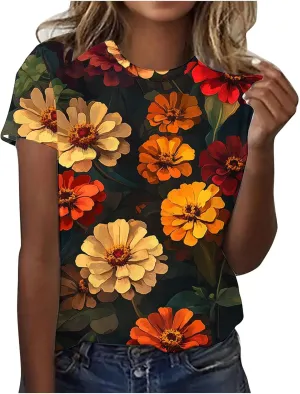 Ladies' Floral Printed Crewneck T-Shirt - 2025 Summer Boho Top with Short Sleeves & Casual Style