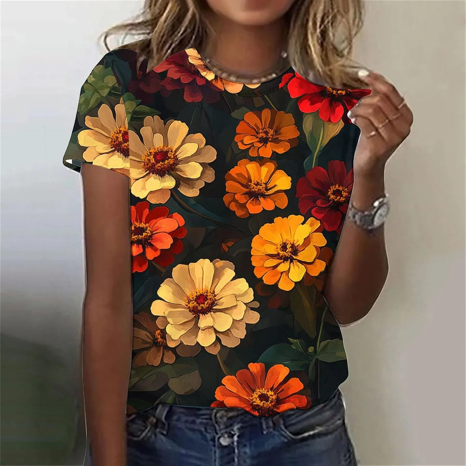 Ladies' Floral Printed Crewneck T-Shirt - 2025 Summer Boho Top with Short Sleeves & Casual Style