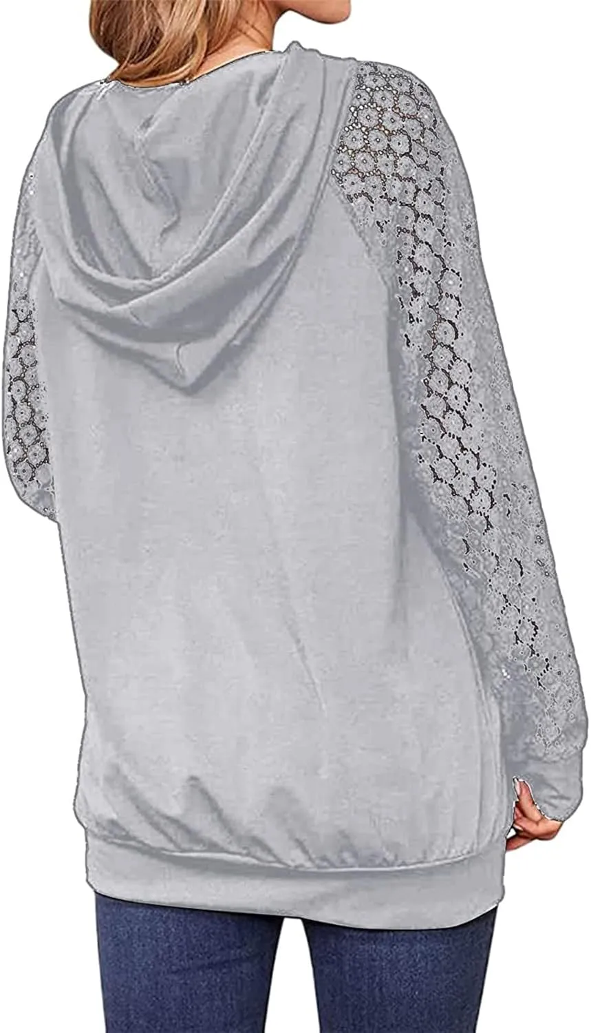 Ladies Tops, Floral Lace Long Sleeve Hoodies with Pocket Fashion Fall Outfits Casual Hoodie Comfy Spring Clothes