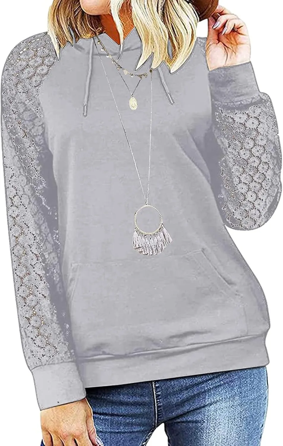 Ladies Tops, Floral Lace Long Sleeve Hoodies with Pocket Fashion Fall Outfits Casual Hoodie Comfy Spring Clothes