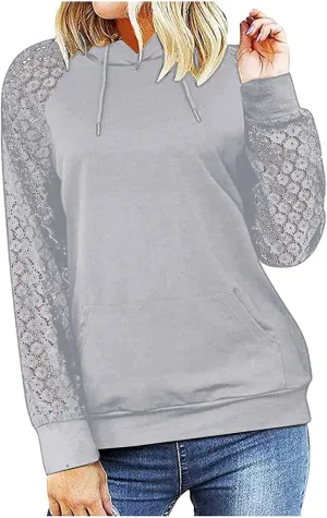 Ladies Tops, Floral Lace Long Sleeve Hoodies with Pocket Fashion Fall Outfits Casual Hoodie Comfy Spring Clothes