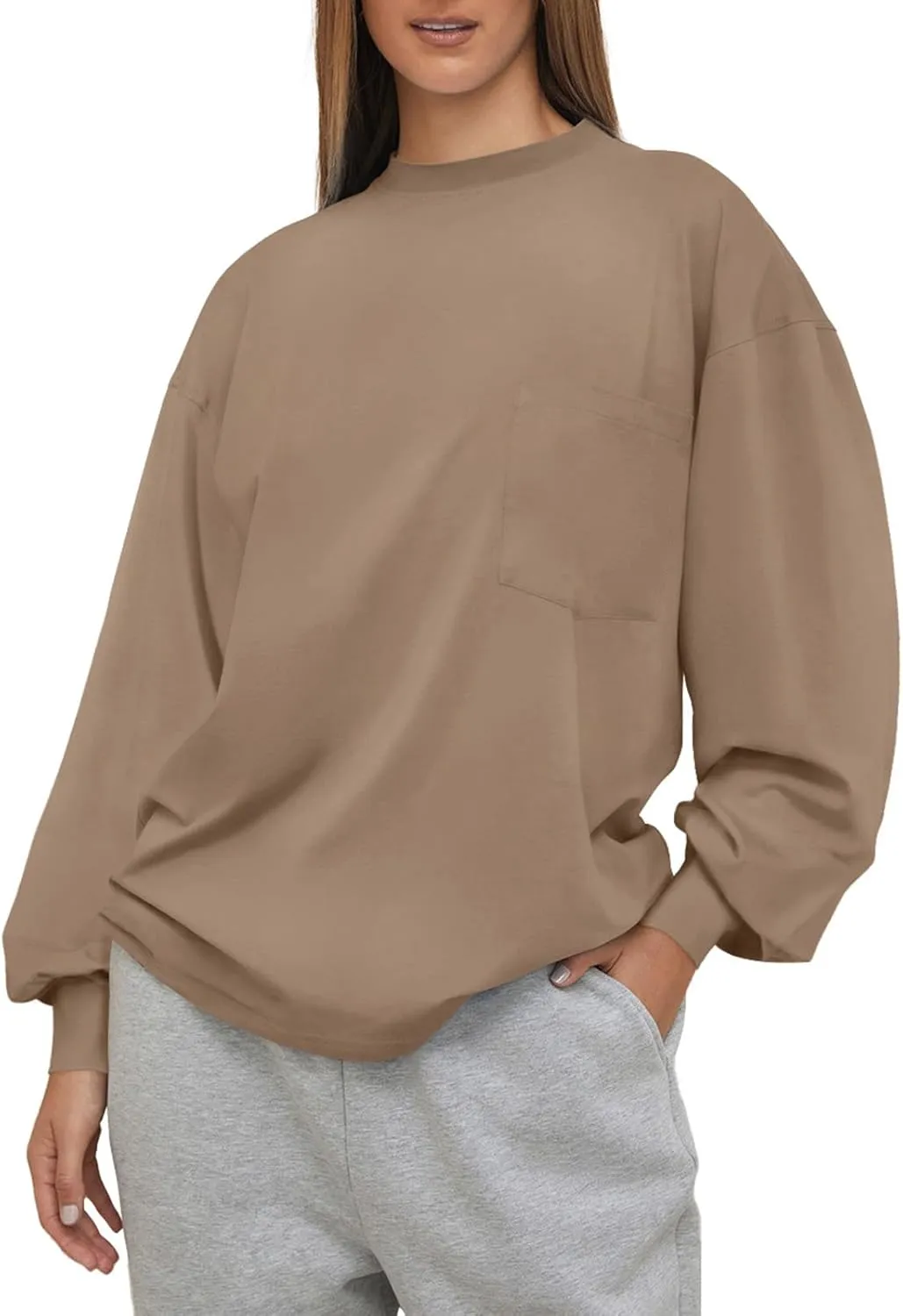 LASLULU Womens Long Sleeve T Shirts Oversized Tops Casual Spring Trendy Tee Shirts Blouses Pocket