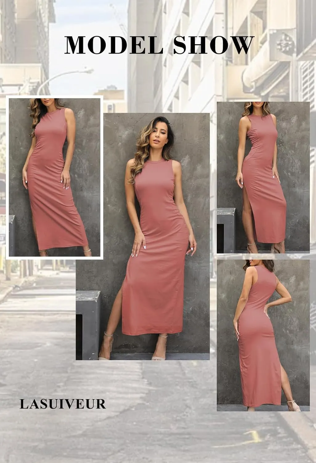 LaSuiveur Women's Sleeveless High Slit Bodycon Causal Dress Summer Beach Party Vacation Tank Maxi Dresses