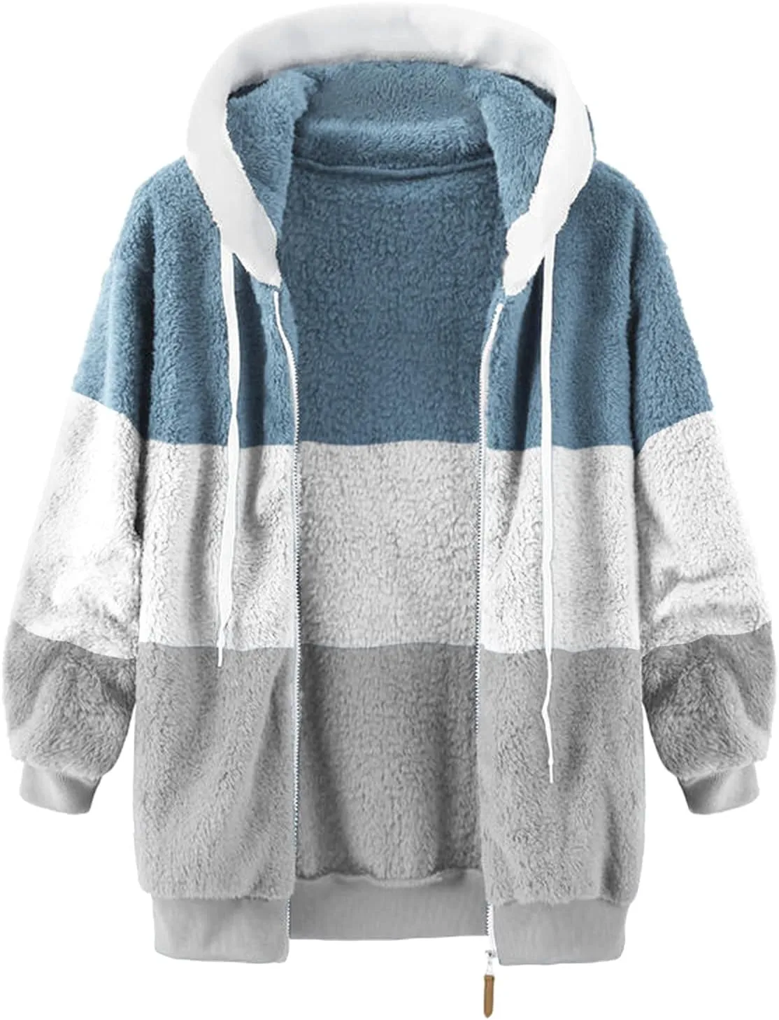 LCMTWX Womens Winter Fuzzy Fleece Jacket Color Artificial Wool Zipper Drawstring Long-Sleeved Hoodie Sweater Coat Hooded