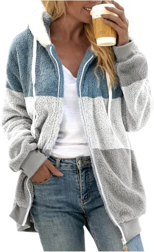 LCMTWX Womens Winter Fuzzy Fleece Jacket Color Artificial Wool Zipper Drawstring Long-Sleeved Hoodie Sweater Coat Hooded