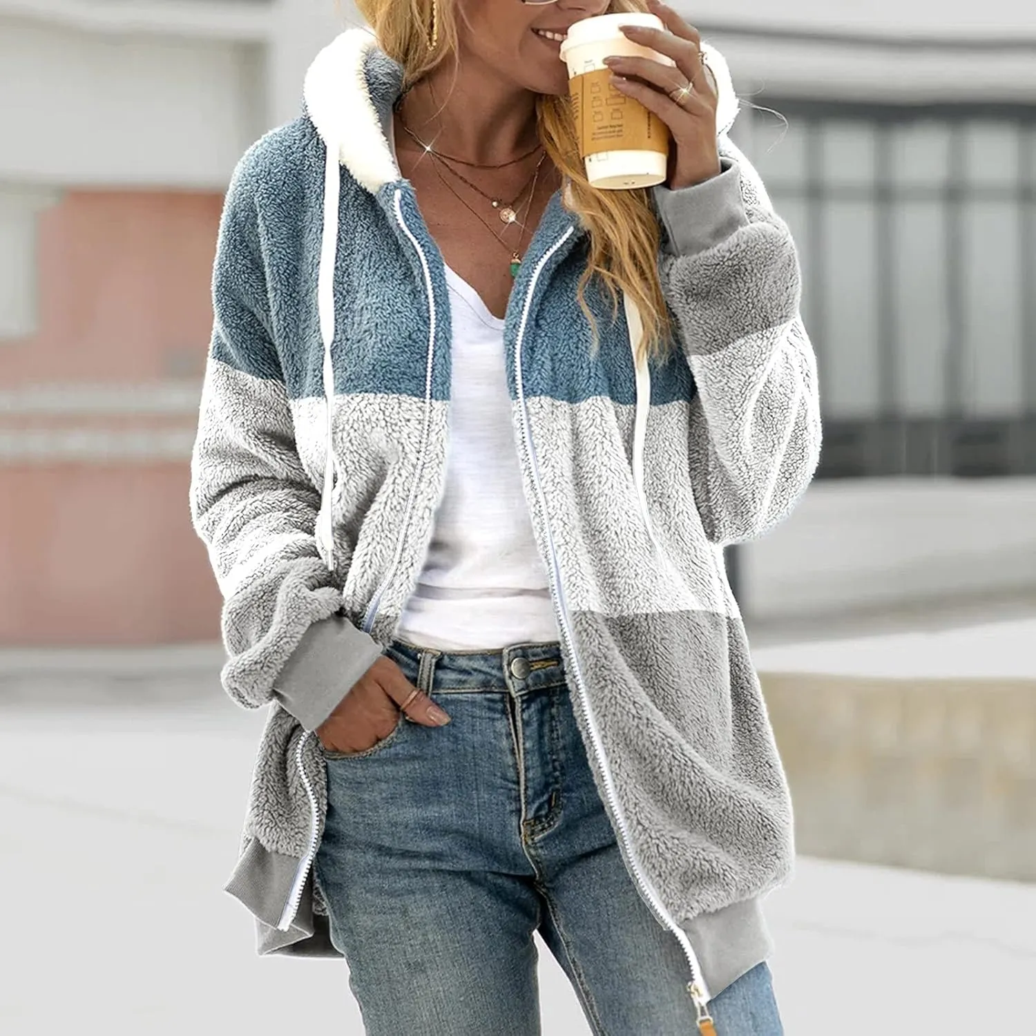 LCMTWX Womens Winter Fuzzy Fleece Jacket Color Artificial Wool Zipper Drawstring Long-Sleeved Hoodie Sweater Coat Hooded