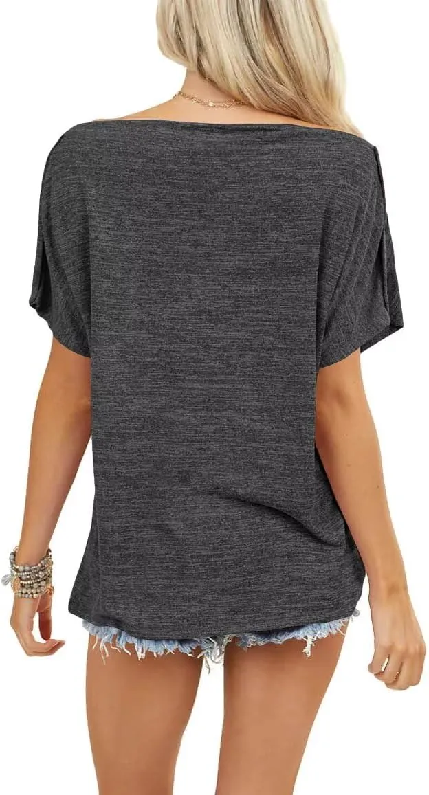 LEEDYA Women Off Shoulder Tops Short Sleeve T-Shirts Loose Blouses Oversized Tunic Tops
