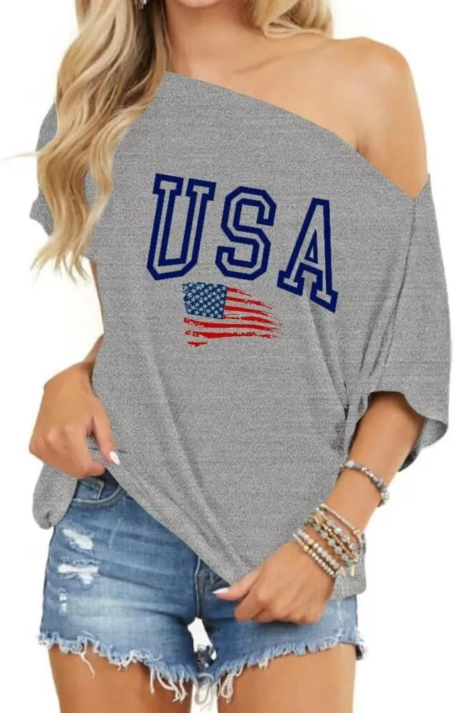LEEDYA Women Off Shoulder Tops Short Sleeve T-Shirts Loose Blouses Oversized Tunic Tops