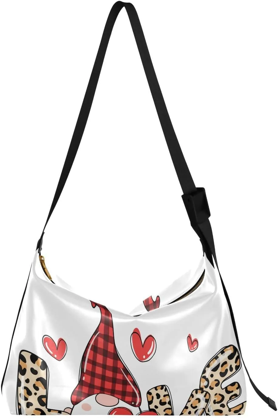 Leopard Love Gnomes Hobo Crossbody Bags for Women Leather Large Shoulder Bag Cross Body Heart Plaid Trendy Womens Tote Bags Handbag for Travel Shopping