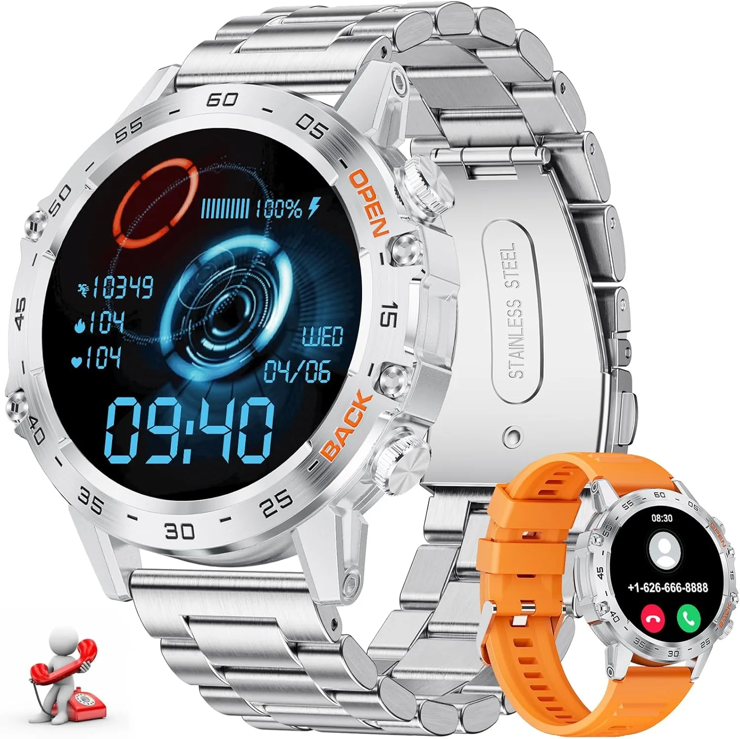 LIGE Smart Watches for Men, 1.39" Military Smartwatch with SpO2, Sleep Monitor, Step Counter, 24/7 Heart Rate, Tactical Fitness Watch with 100  Sports Modes, Make/Answer Call, Metal Band, Silver