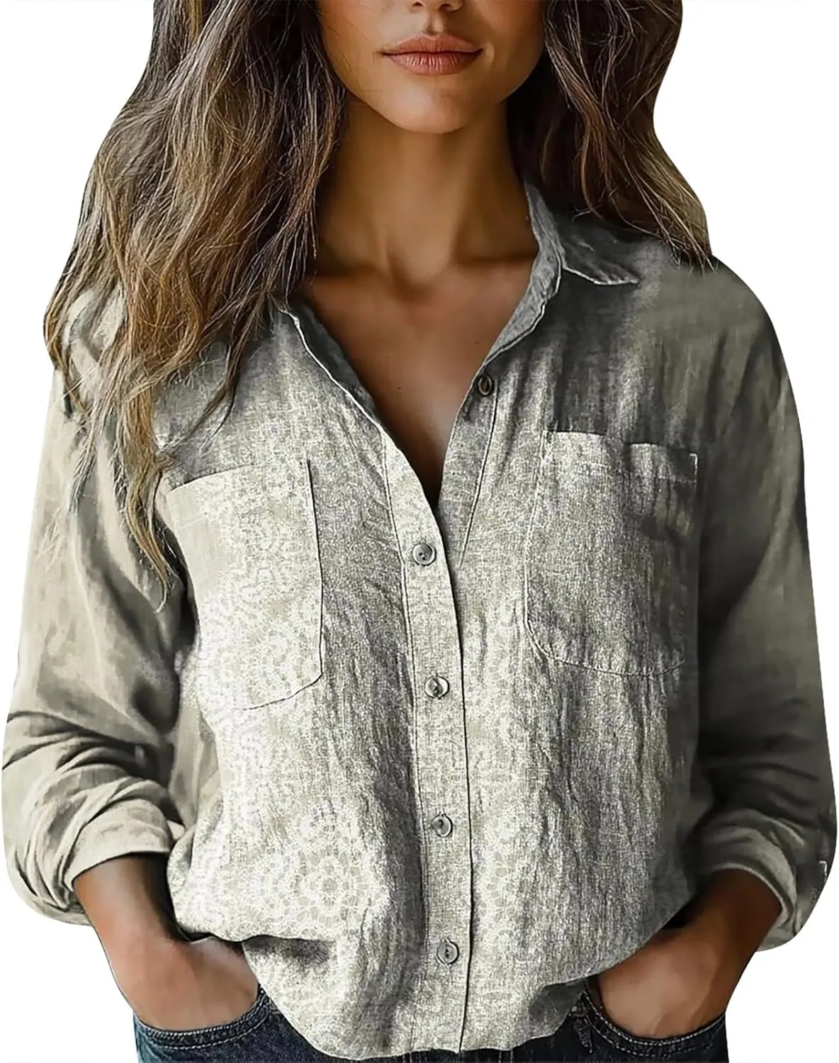 Linen Button Down Shirts for Women Long Sleeve Collared Ethic Floral Print Boho Blouses Retro Gauze Summer Tops