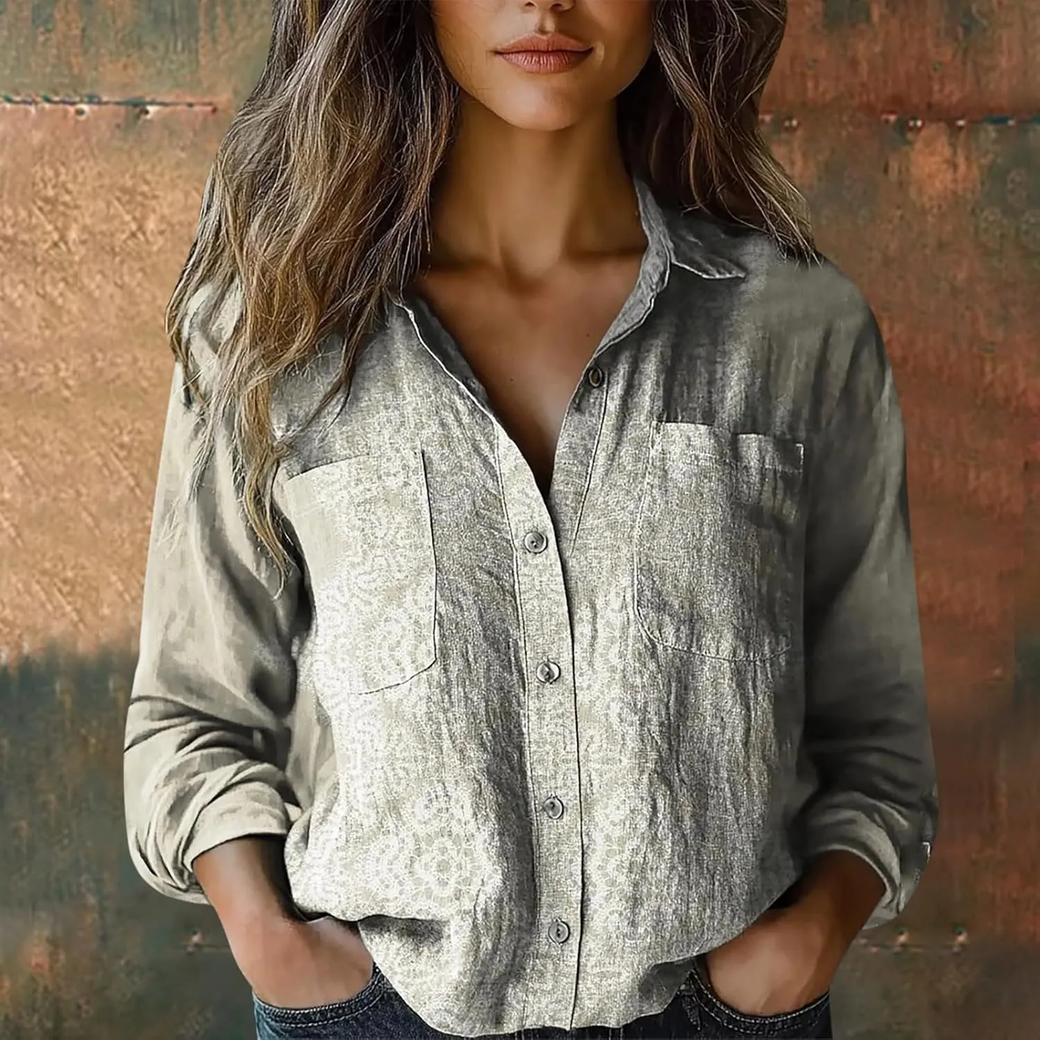 Linen Button Down Shirts for Women Long Sleeve Collared Ethic Floral Print Boho Blouses Retro Gauze Summer Tops