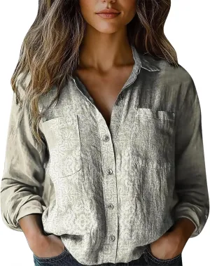 Linen Button Down Shirts for Women Long Sleeve Collared Ethic Floral Print Boho Blouses Retro Gauze Summer Tops