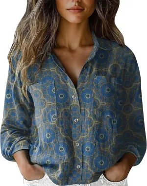Linen Button Down Shirts for Women Long Sleeve Collared Ethic Floral Print Boho Blouses Retro Gauze Summer Tops