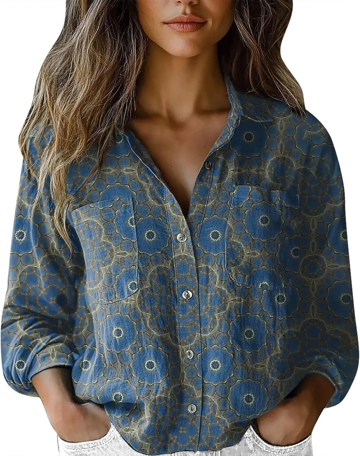 Linen Button Down Shirts for Women Long Sleeve Collared Ethic Floral Print Boho Blouses Retro Gauze Summer Tops