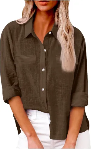 linen Crop Tops for Women Linen Shirts for Women with Pockets Long Sleeve High Low Oversized Blouse Tops for Women