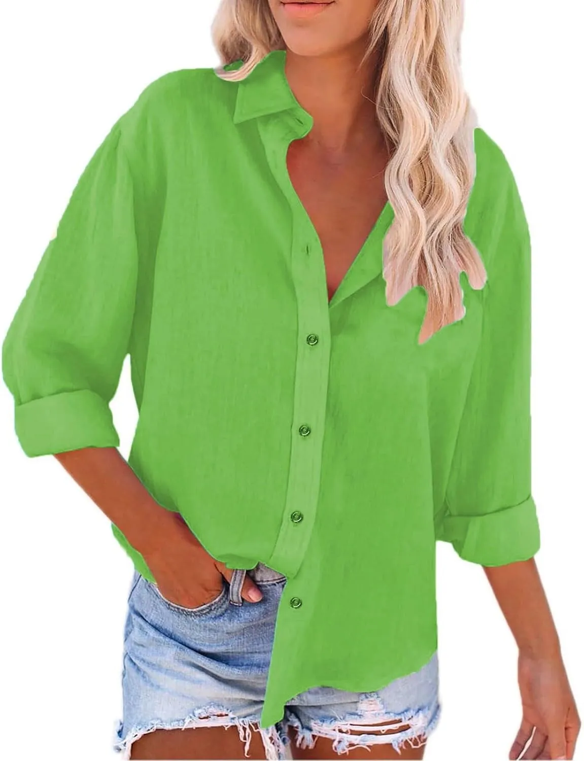 Linen Outfits Women Summer Solid Color Shirt Long Sleeve Down Shirt Loose Fit Vacation Beach Workwear Tops V Neck