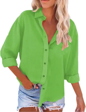 Linen Outfits Women Summer Solid Color Shirt Long Sleeve Down Shirt Loose Fit Vacation Beach Workwear Tops V Neck
